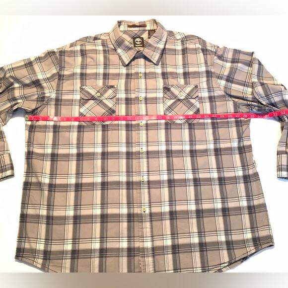 TIMBERLAND Mens Shirt 2XL Brown Tan Plaid 100% Cotton Long Button Front Outdoor - Picture 7 of 12
